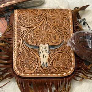 Western Tooled Leather Fringe Bag